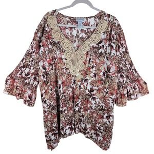 Catherines 4X Floral Print Pleated V Neck Crochet Trim 3/4 Bell Sleeve Top